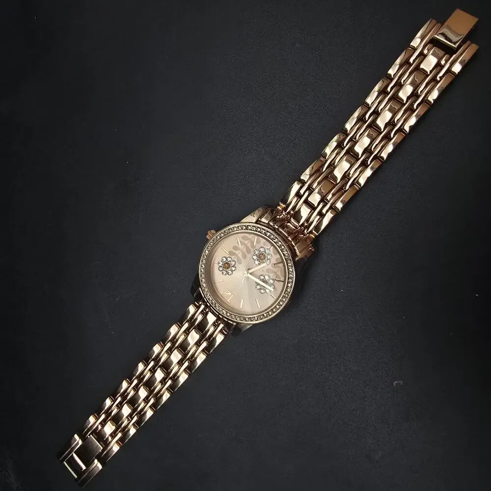 Women's Accutime Rose Gold Tone Quartz Watch‎ Rhinestone Flowers WORKS